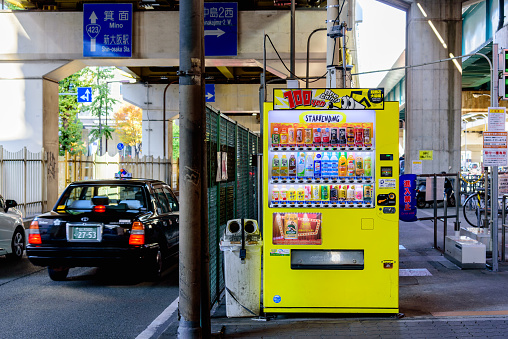 Osaka, Japan - November 26, 2023 - Vending machine at Osaka street, Japan has one of the world's highest vending machine densities with one per an approximate 30 people.