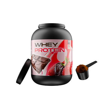 3d whey protein strawberry chocolate flavour supplement tub with scoop