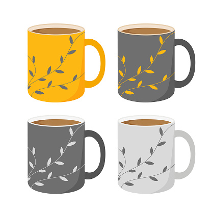 Set of cute coffee mugs with patterns in different colors. Coffee mugs. Vector illustration in a flat style. Isolated on white background.