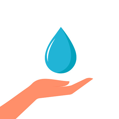 Hand protects a drop of water. Environment protection. Vector illustration in flat style. Isolated on a white background.