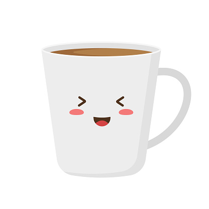 Happy cute smiling funny kawaii cup of coffee. White Kawaii cup emoji. Isolated on a white background. Vector illustration in flat cartoon style.