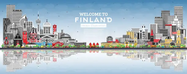Vector illustration of Finland city skyline with gray buildings, blue sky and reflections. Concept with historic and modern architecture. Finland  cityscape with landmarks. Helsinki. Espoo. Vantaa.
