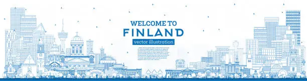 Vector illustration of Outline Finland city skyline with blue buildings. Concept with historic and modern architecture. Finland  cityscape with landmarks. Helsinki. Espoo. Vantaa. Oulu. Turku.
