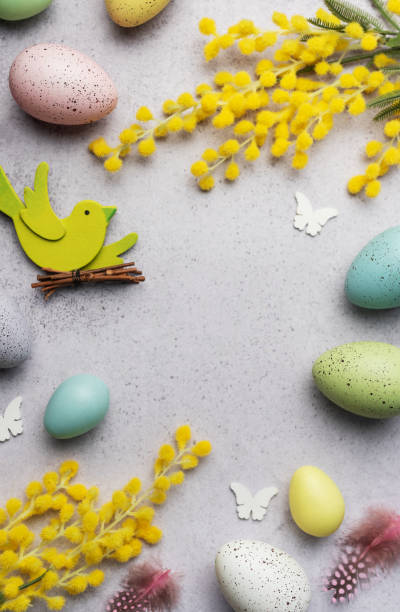 istock Colorful Easter Eggs and Yellow Mimosa Flowers Arranged on a Soft Background 2006875660
