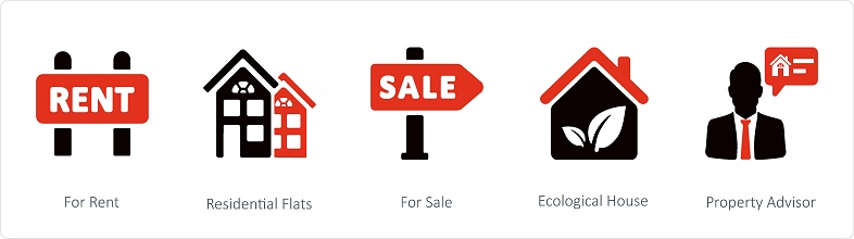 A set of 5 business icons such as For Rent, Residential Flats