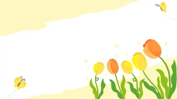 Vector illustration of Yellow background frame of tulips and butterflies inspired by spring, stylish hand-drawn illustration