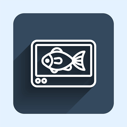 White line Fish finder echo sounder icon isolated with long shadow background. Electronic equipment for fishing. Blue square button. Vector.