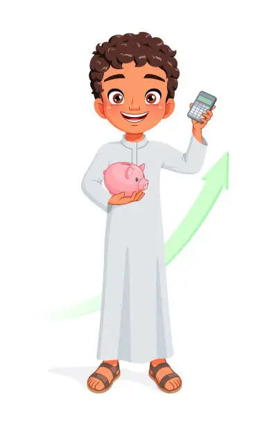 Vector illustration of Arab boy with piggy bank and calculator. Smart kid saving money for future. Isolated vector illustration.