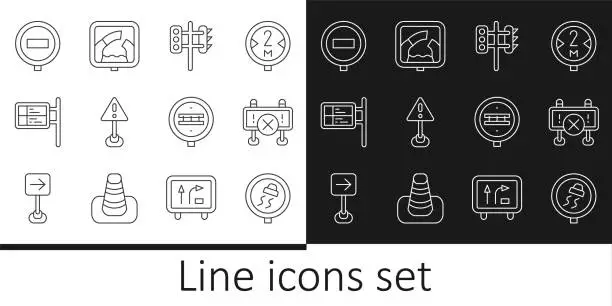 Vector illustration of Set line Slippery road traffic, Road barrier, Traffic light, Exclamation mark in triangle, ublic transport board, Stop sign, Railroad crossing and Drawbridge ahead icon. Vector