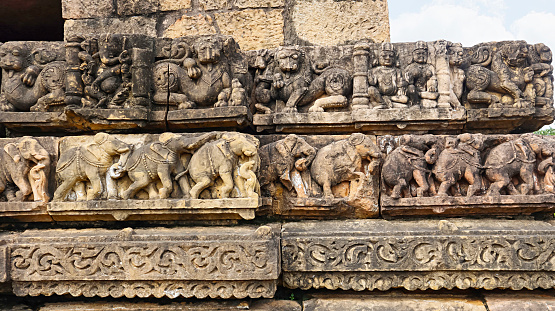 Carving Panels of Yali, Elephants, Shiva Parvati and Lord Ganesha on the Shri Pataleshwar Temple, Malhar, Bilaspur, Chhattisgarh, India.