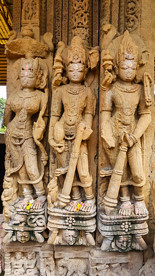 Carving Sculptures of Yamuna and Dwarapala on the Shri Pataleshwar Temple, Malhar, Bilaspur, Chhattisgarh, India.