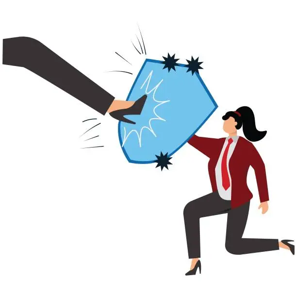 Vector illustration of Businesswoman blocking a kick big shoe with one hand, Woman power concept