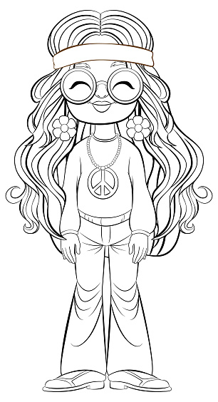 Black and white drawing of a hippie girl.