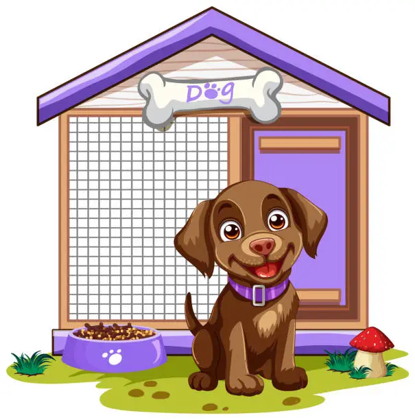 Vector illustration of A cheerful brown puppy sitting by its kennel.