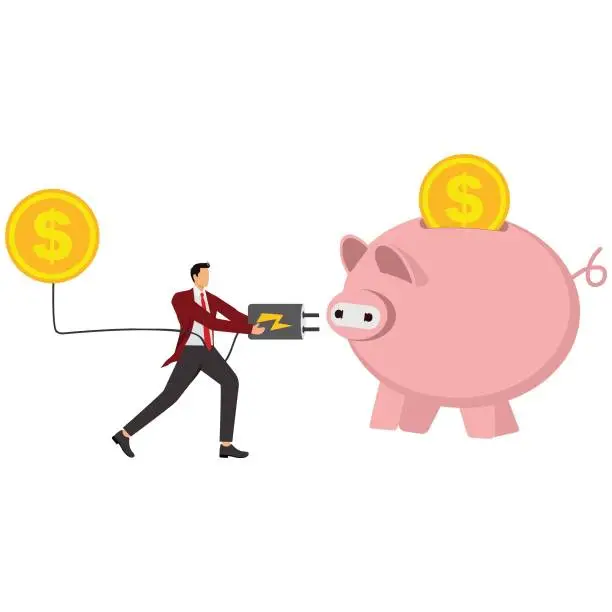 Vector illustration of Businessmen with large electric plug and piggy bank