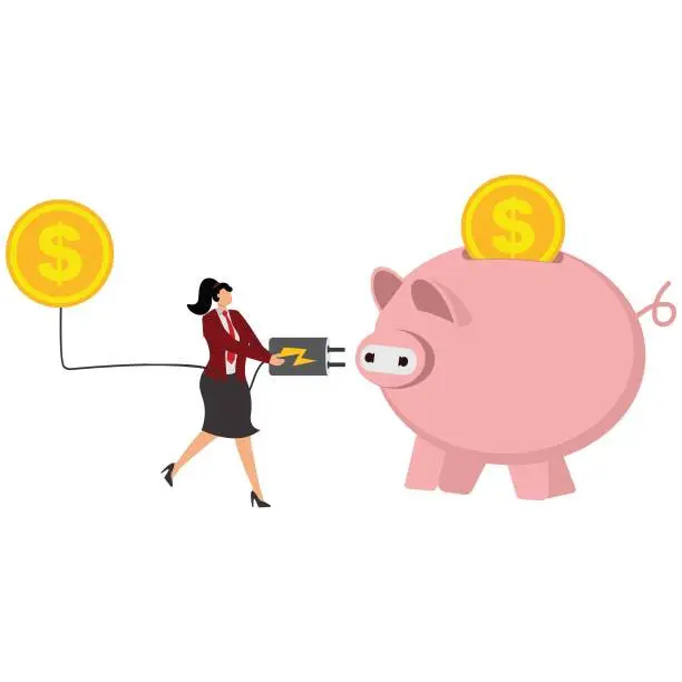 Vector illustration of Businesswomen with large electric plug and piggy bank