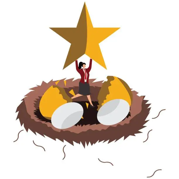 Vector illustration of One businesswoman carrying a big gold star is breaking out of the giant gold egg