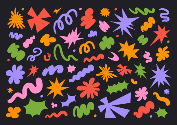 abstract set colorful retro groovy shapes on a black background. - shape stock illustrations