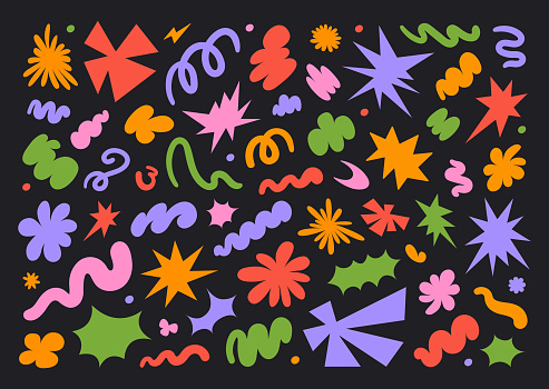 Abstract set colorful retro groovy shapes on a black background. Trendy geometric cosmic starburst forms. Vector illustration in cartoon style 90s, 00s