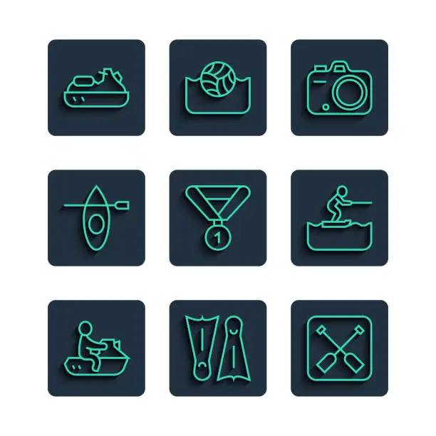 Vector illustration of Set line Jet ski, Flippers for swimming, Paddle, Photo camera, Medal, Kayak and paddle, and Water skiing man icon. Vector