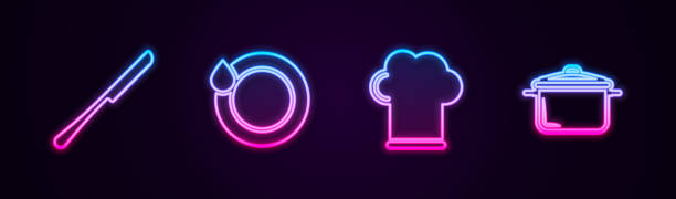 istock Set line Knife, Washing dishes, Chef hat and Cooking pot. Glowing neon icon. Vector 2006976622