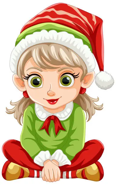 Vector illustration of Cartoon elf girl dressed in holiday-themed costume.