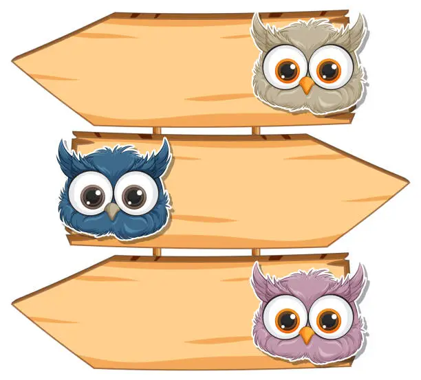 Vector illustration of Three colorful owls perched on arrow signs