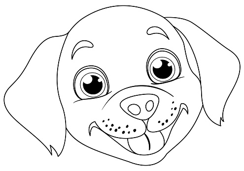 Black and white drawing of a cheerful puppy