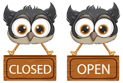 Cute owls with signs showing 'Closed' and 'Open'