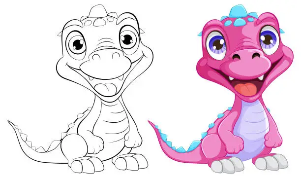 Vector illustration of Colorful and outlined cartoon dragon characters smiling.