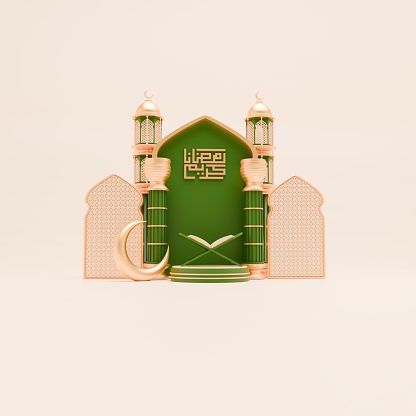 3D Render Ramadan Background with mosque, quran, pillar and islamic ornaments for social media post template