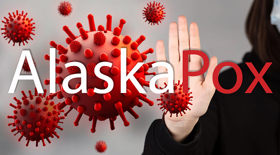 Alaskapox virus. Virus, epidemic, disease. Model of a dangerous flying virus, bacteria, microbe. A human hand shows stopping a flying virus.