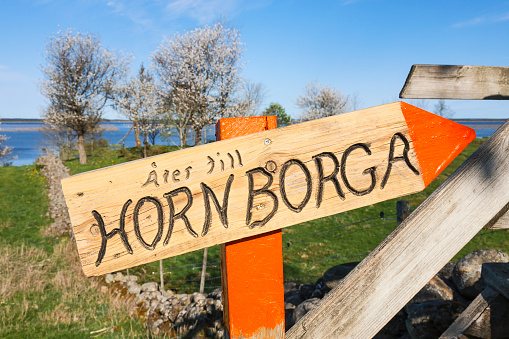 Hornborgasjön, Sweden-April, 2020: Hiking trail sign on a meadow by a lake in the spring