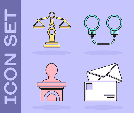 Set Envelope, Scales of justice, Stage stand or debate podium rostrum and Handcuffs icon. Vector