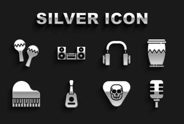 Vector illustration of Set Guitar, Drum, Microphone, pick, Grand piano, Headphones, Maracas and Home stereo icon. Vector