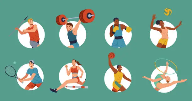 Vector illustration of Happy athletes in summer avatars color vector icon big set