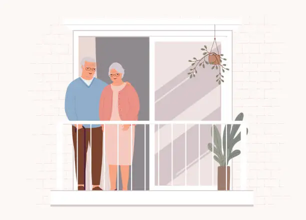 Vector illustration of Elderly Couple Standing On The Apartment Balcony.