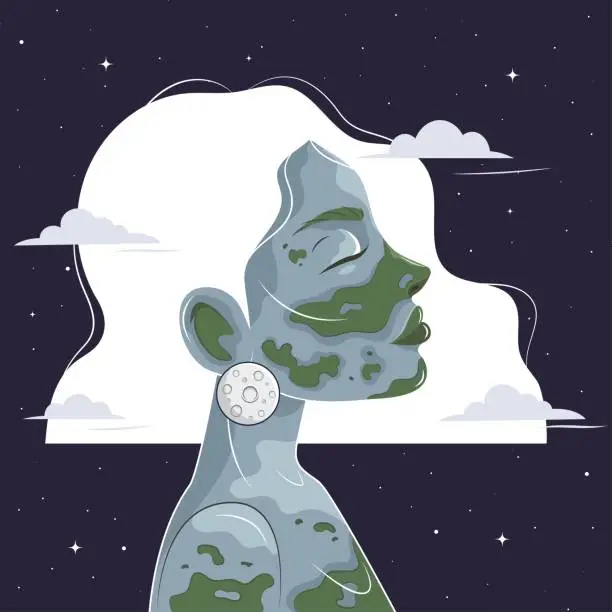 Vector illustration of Mother earth day poster with girl in outer space. World environment day