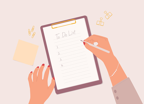 Businesswoman’s Hand With Pencil Writing To Do List On Paper With Clipboard. Isolated On Color Background.