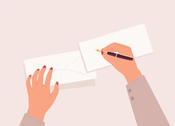 Vector illustration of Businesswoman’s Hand Writing On An Empty Envelope With Pen.