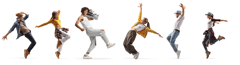 Young people dancing to a boombox beat isolated on white background