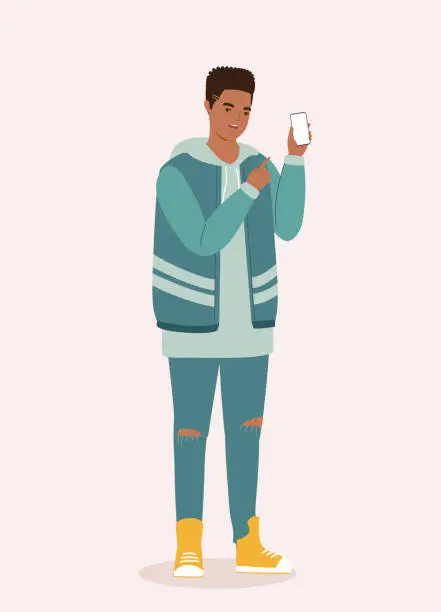 Vector illustration of Black Teenage Boy Displaying His Cellphone With Blank Empty Screen.