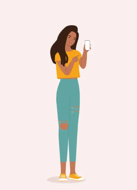 Vector illustration of Black Teenage Girl Displaying Her Cellphone With Blank Empty Screen.