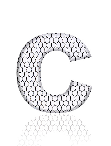 Close-up of three-dimensional rusty wire mesh alphabet letter C on white background.