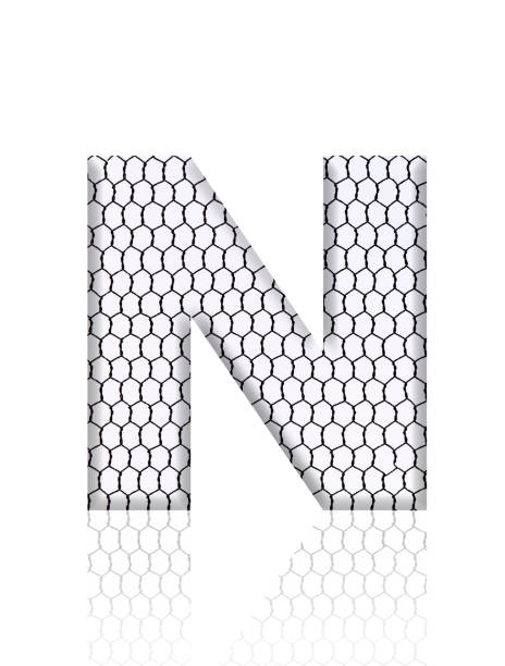 Close-up of three-dimensional rusty wire mesh alphabet letter N on white background.