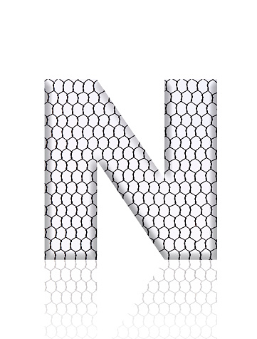 Close-up of three-dimensional rusty wire mesh alphabet letter N on white background.