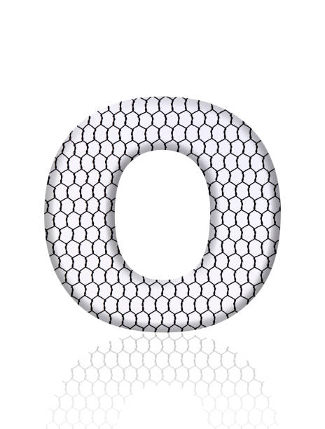 Close-up of three-dimensional rusty wire mesh alphabet letter O on white background.