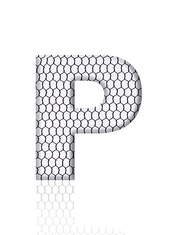 Close-up of three-dimensional rusty wire mesh alphabet letter P on white background.