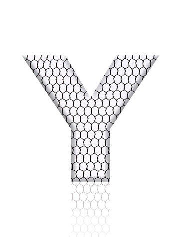 Close-up of three-dimensional rusty wire mesh alphabet letter Y on white background.