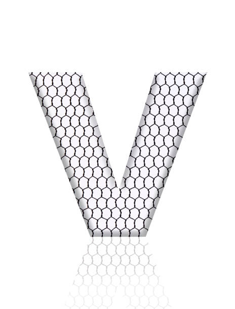 Close-up of three-dimensional rusty wire mesh alphabet letter V on white background.